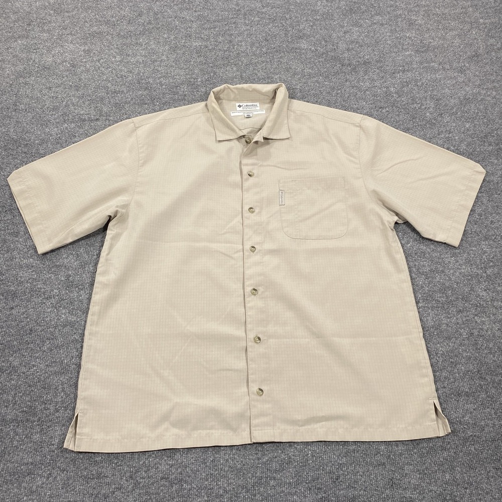 Columbia Shirt Mens Large Beige Check Short Sleeve Button Up Relaxed Hiking